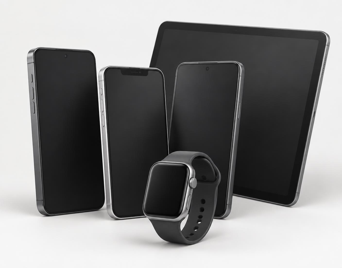 A group of pre-owned smartphones, a tablet and a smartwatch